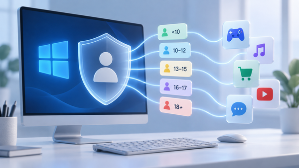 Ilustración de Windows con un escudo de privacidad que comunica franjas de edad a distintas aplicaciones.